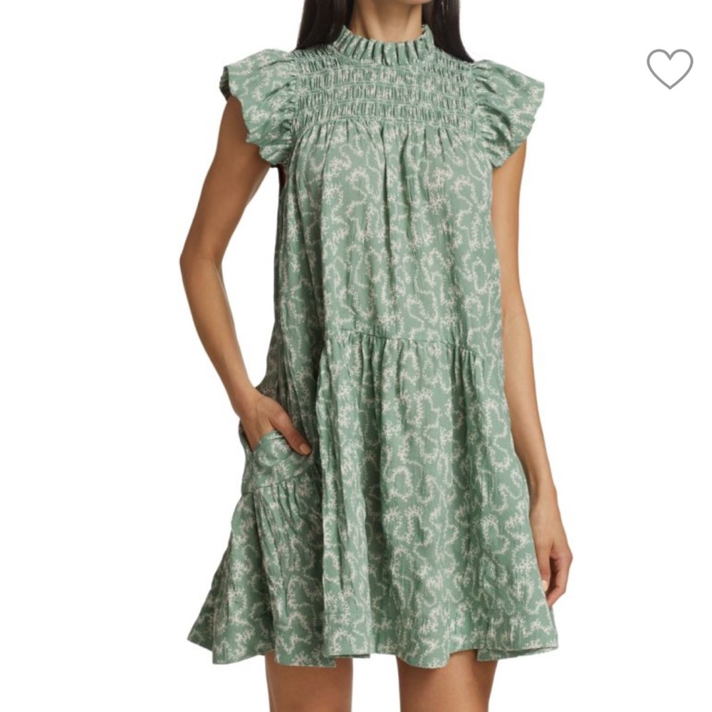 Sea New York Green Smocked Mini Mockneck Flutter Sleeve Sundress NWT Small
